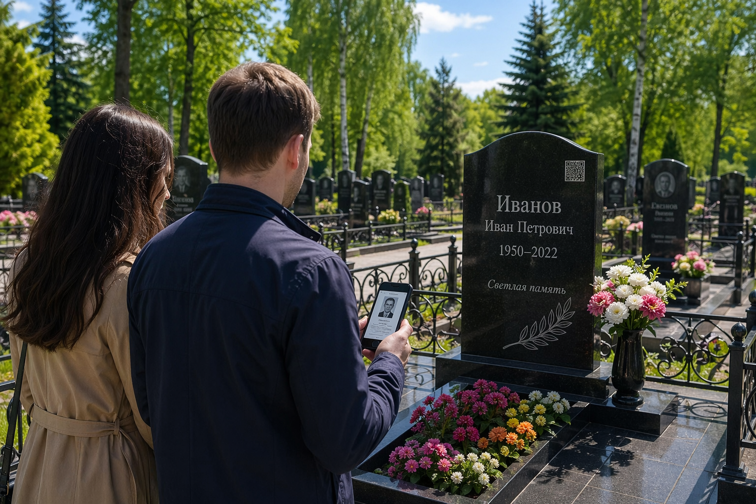 QR-код открывает страницу памяти с телефона